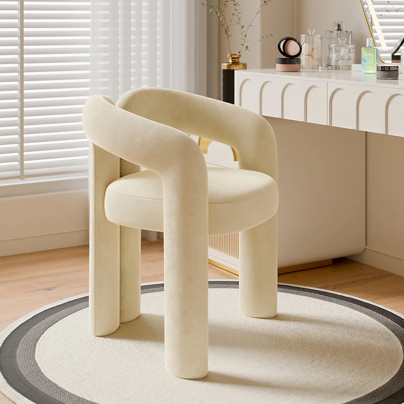 Contemporary Creative Velvet Metal Rounded Curved Cylindrical Vanity Chair With Armrests Backrest For Bedroom