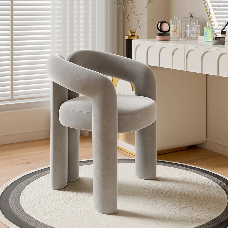 Contemporary Creative Velvet Metal Rounded Curved Cylindrical Vanity Chair With Armrests Backrest For Bedroom