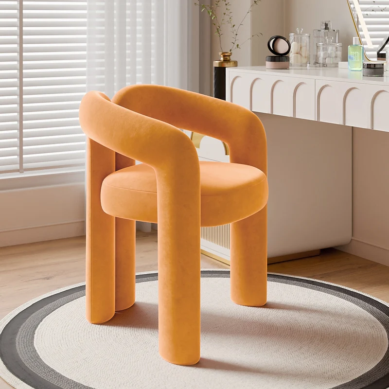 Contemporary Creative Velvet Metal Rounded Curved Cylindrical Vanity Chair With Armrests Backrest For Bedroom