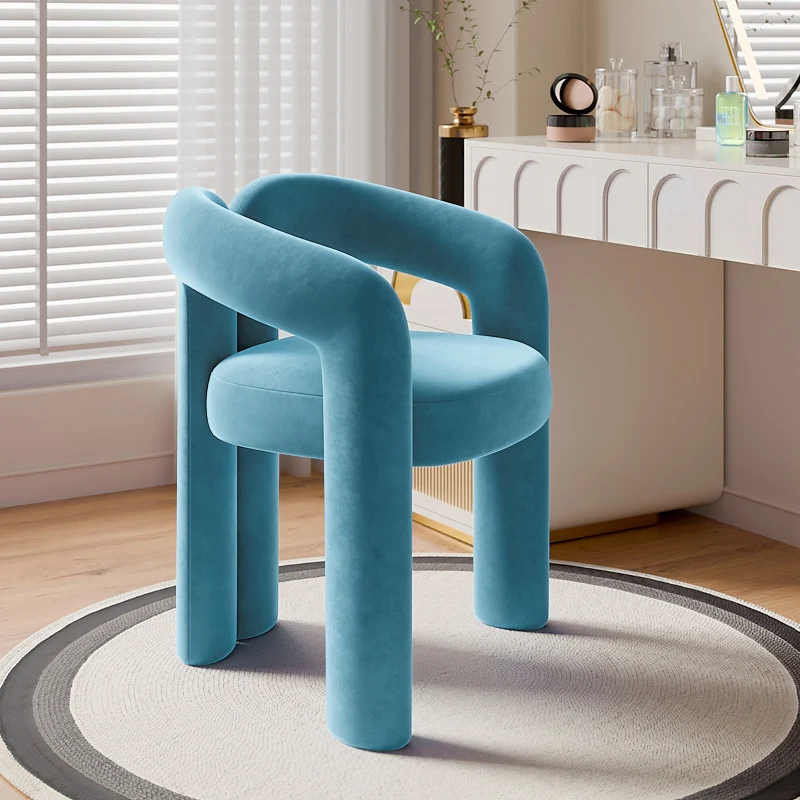 Contemporary Creative Velvet Metal Rounded Curved Cylindrical Vanity Chair With Armrests Backrest For Bedroom