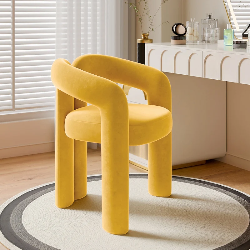 Contemporary Creative Velvet Metal Rounded Curved Cylindrical Vanity Chair With Armrests Backrest For Bedroom
