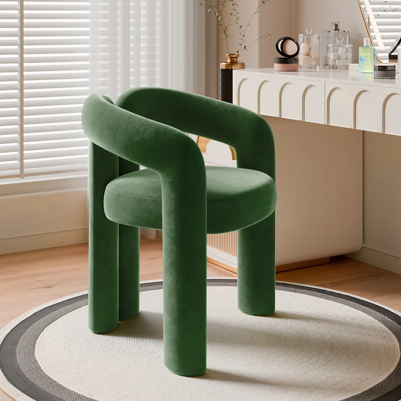 Contemporary Creative Velvet Metal Rounded Curved Cylindrical Vanity Chair With Armrests Backrest For Bedroom
