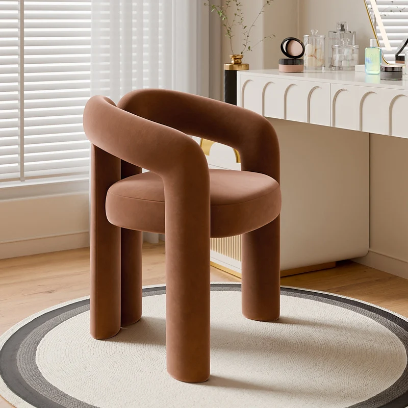 Contemporary Creative Velvet Metal Rounded Curved Cylindrical Vanity Chair With Armrests Backrest For Bedroom