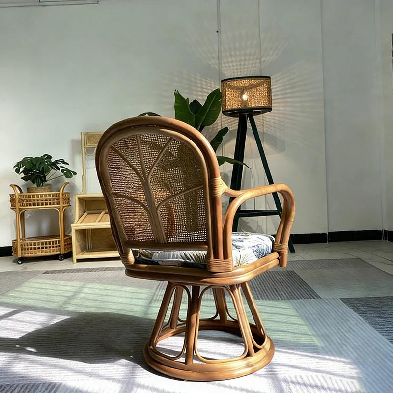 Traditional Chinese Indonesian Rattan Fabric Round Curved Accent Chair With Armrests Backrest For Living Room