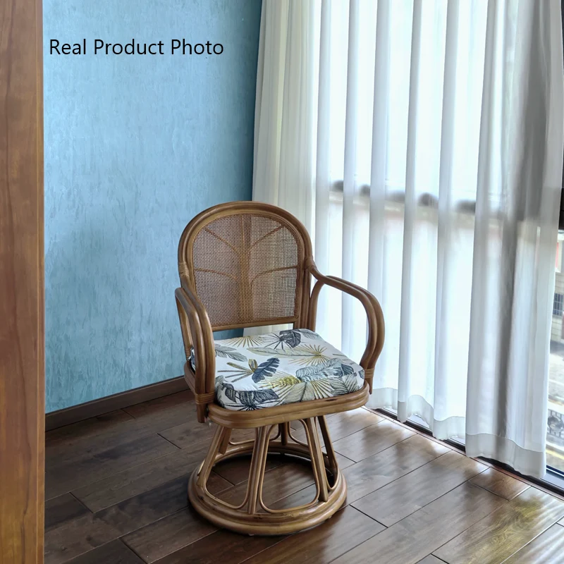 Traditional Chinese Indonesian Rattan Fabric Round Curved Accent Chair With Armrests Backrest For Living Room