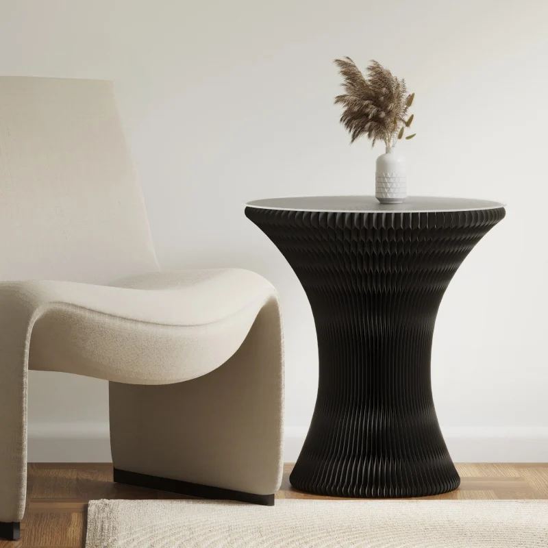 Contemporary Creative Kraft Paper PU Leather Acrylic Curved Round Side Table 1-Tier For Living Room
