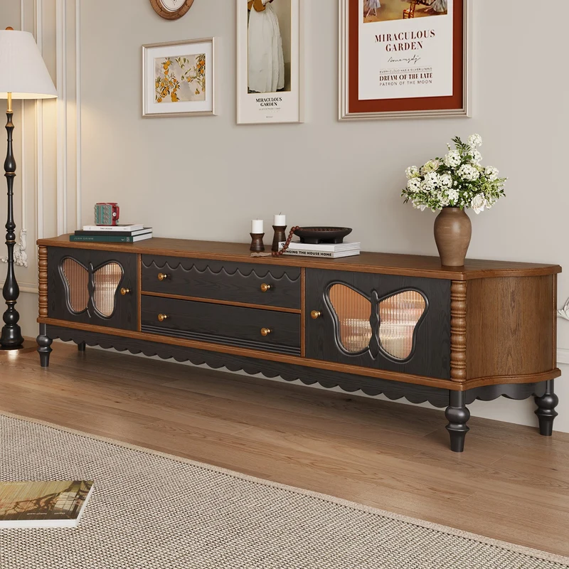 Traditional French Ash Wood Glass Butterfly Rounded Rectangular TV Stand 2-Drawer For Living Room