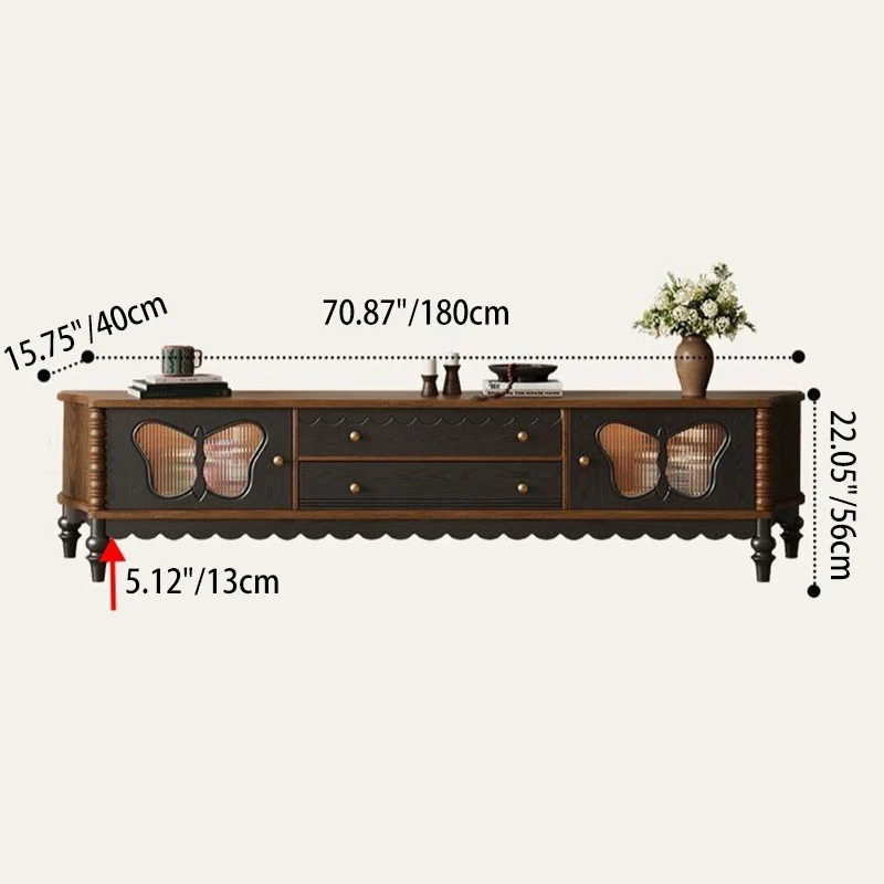 Traditional French Ash Wood Glass Butterfly Rounded Rectangular TV Stand 2-Drawer For Living Room