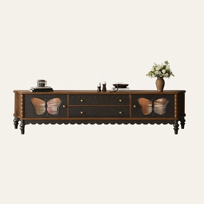 Traditional French Ash Wood Glass Butterfly Rounded Rectangular TV Stand 2-Drawer For Living Room