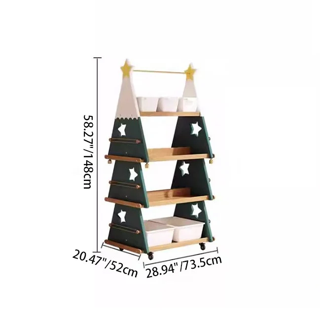 Contemporary Creative Triangle Christmas Tree-Shaped Red Oak Solid Wood ABS Christmas Bookshelf 4-Tier For Bedroom & Living Room