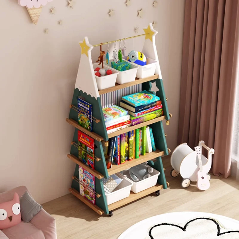 Contemporary Creative Triangle Christmas Tree-Shaped Red Oak Solid Wood ABS Christmas Bookshelf 4-Tier For Bedroom & Living Room