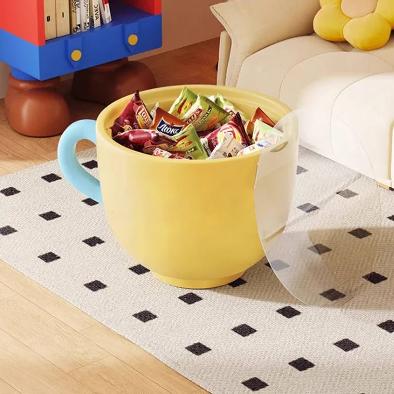 Contemporary Creative Round Resin Tempered Glass Coffee Cup-Shaped Kids Storage Side Table 1-Cabinet For Living Room