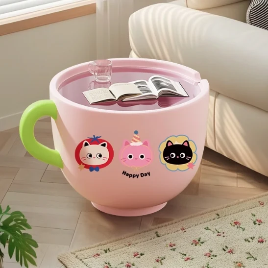 Contemporary Creative Round Resin Tempered Glass Coffee Cup-Shaped Kids Storage Side Table 1-Cabinet For Living Room