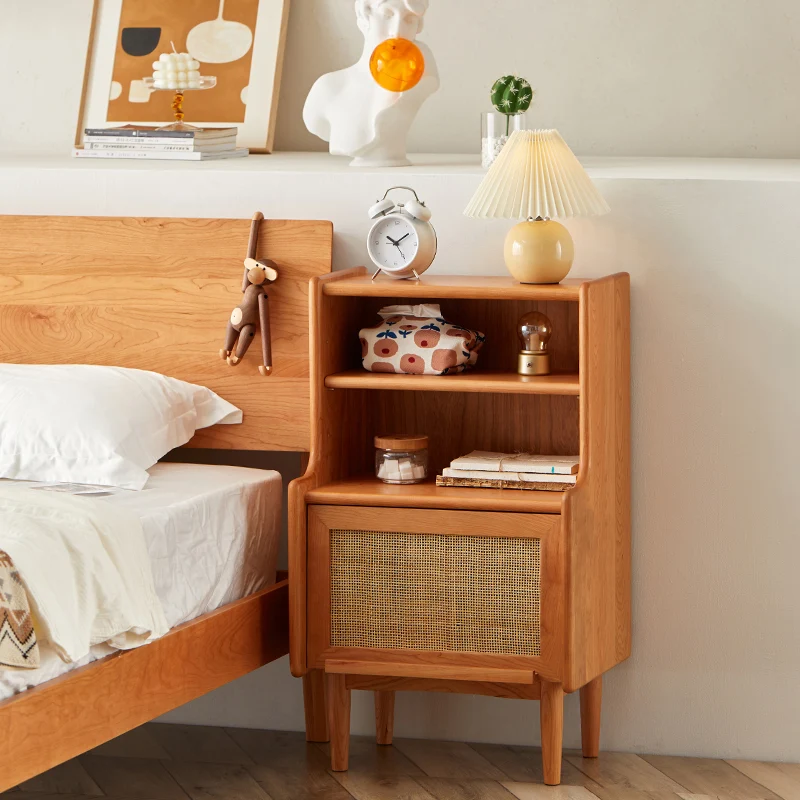 Traditional Rustic Solid Wood Multi-Layer Board Rattan Weaving Rectangular Nightstand With 2-Cabinet For Bedroom