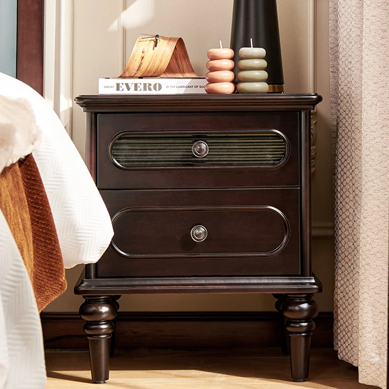 Traditional Vintage Rectangular Mahogany Rubberwood Multi-Layer Plywood Nightstand 2-Drawer For Bedroom