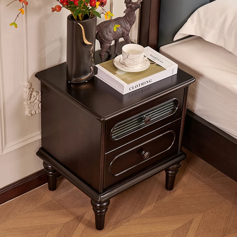Traditional Vintage Rectangular Mahogany Rubberwood Multi-Layer Plywood Nightstand 2-Drawer For Bedroom