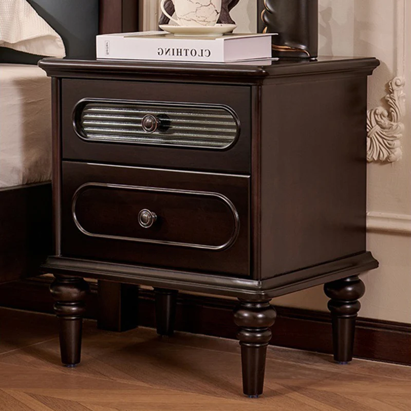 Traditional Vintage Rectangular Mahogany Rubberwood Multi-Layer Plywood Nightstand 2-Drawer For Bedroom