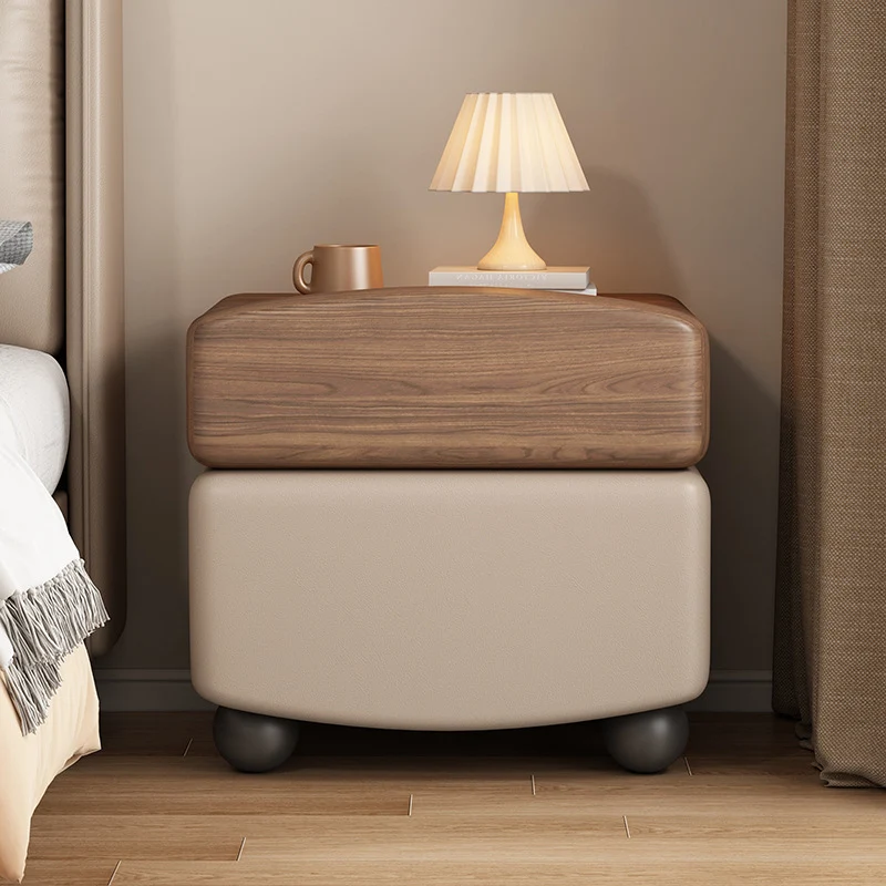 Modern Minimalist Rectangular Solid Wood Carbon Steel Cat Claw Leather Nightstand 2-Drawer For Bedroom