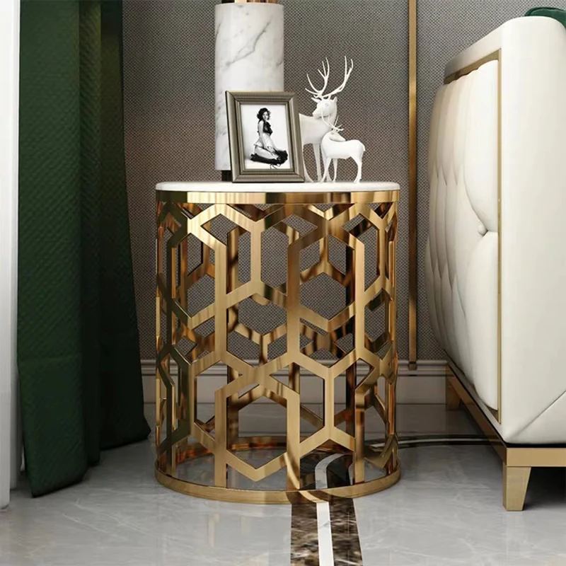 Contemporary Luxury Cylindrical Marble Stainless Steel Side Table 1-Storage For Living Room