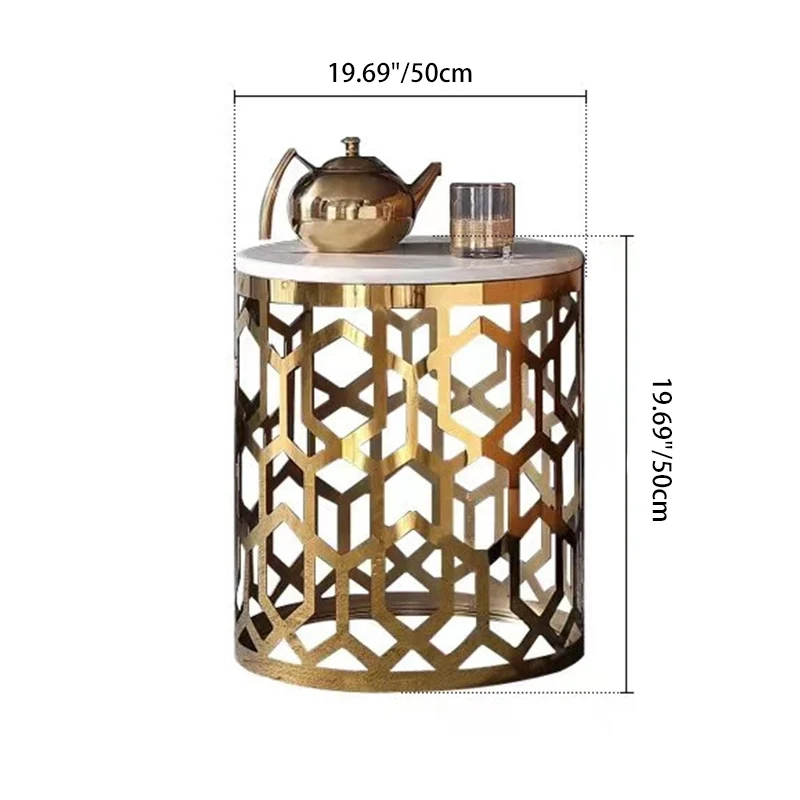 Contemporary Luxury Cylindrical Marble Stainless Steel Side Table 1-Storage For Living Room