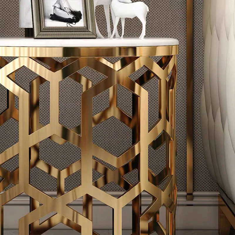 Contemporary Luxury Cylindrical Marble Stainless Steel Side Table 1-Storage For Living Room