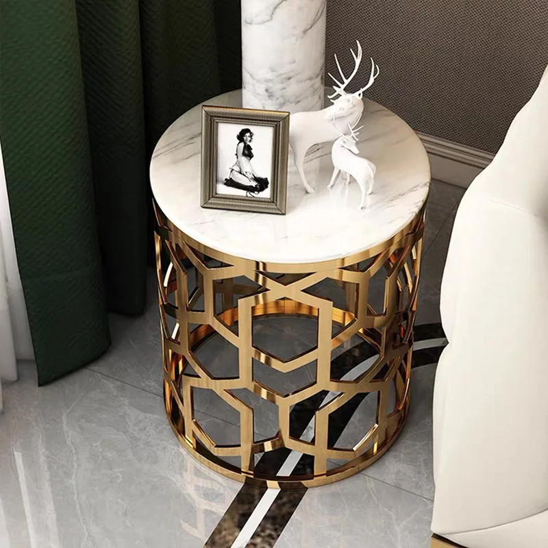Contemporary Luxury Cylindrical Marble Stainless Steel Side Table 1-Storage For Living Room