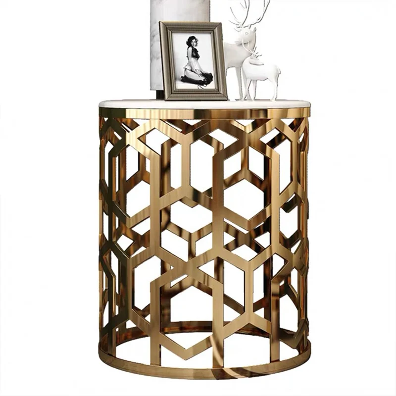 Contemporary Luxury Cylindrical Marble Stainless Steel Side Table 1-Storage For Living Room