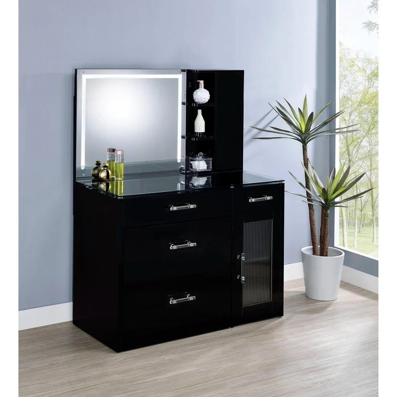 Coaster Furniture Flora 930219 2-drawer Vanity Set with LED Mirror - Black High Gloss