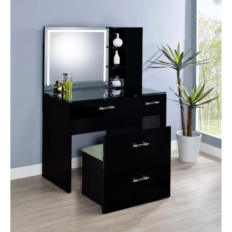 Coaster Furniture Flora 930219 2-drawer Vanity Set with LED Mirror - Black High Gloss