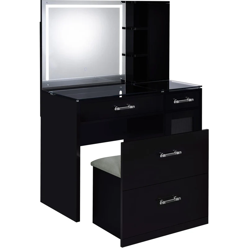 Coaster Furniture Flora 930219 2-drawer Vanity Set with LED Mirror - Black High Gloss