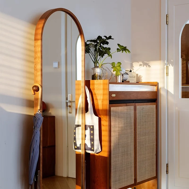 Modern Minimalist Arched Stainless Steel North American Cherry Wood Black Walnut Wood Multi-Layer Plywood Glass Full-Length Mirror 4-Tier For Bedroom