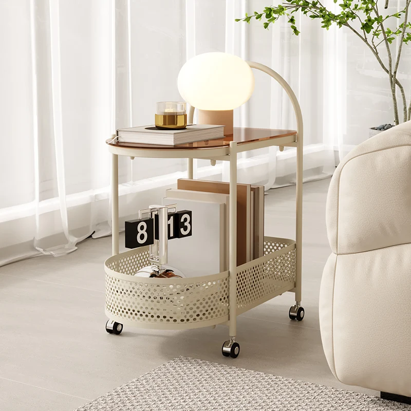 Modern Minimalist Arched Carbon Steel Tempered Glass Side Table 2-Tier For Living Room