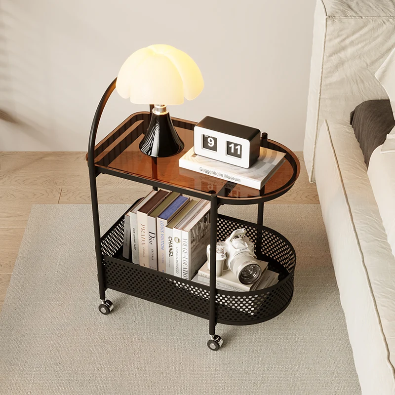 Modern Minimalist Arched Carbon Steel Tempered Glass Side Table 2-Tier For Living Room