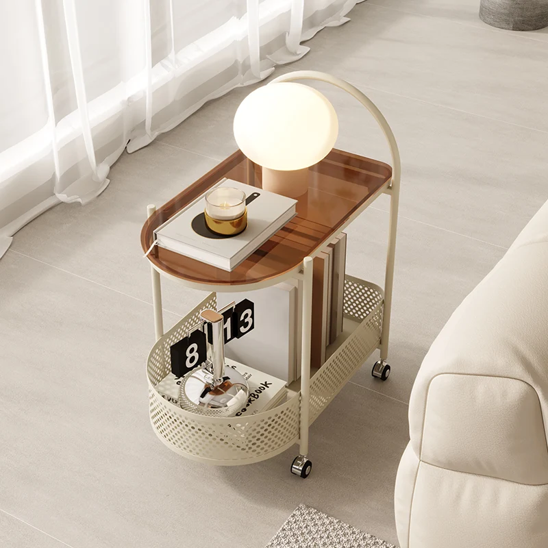 Modern Minimalist Arched Carbon Steel Tempered Glass Side Table 2-Tier For Living Room