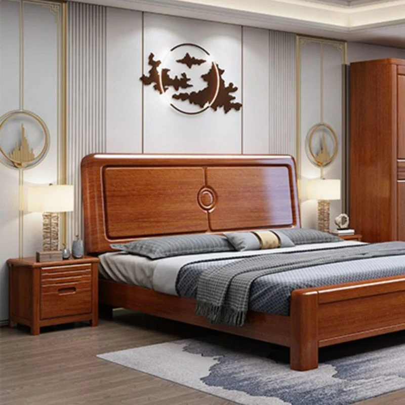 Traditional Chinese Walnut Wood Metal Rounded Square Nightstand 2-Drawer For Bedroom