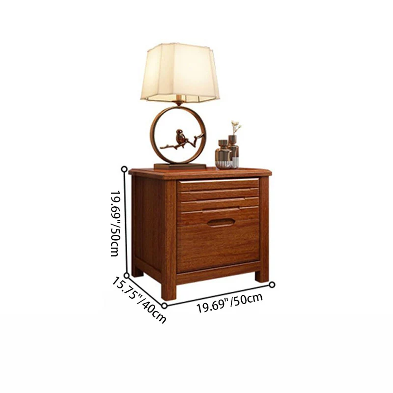 Traditional Chinese Walnut Wood Metal Rounded Square Nightstand 2-Drawer For Bedroom