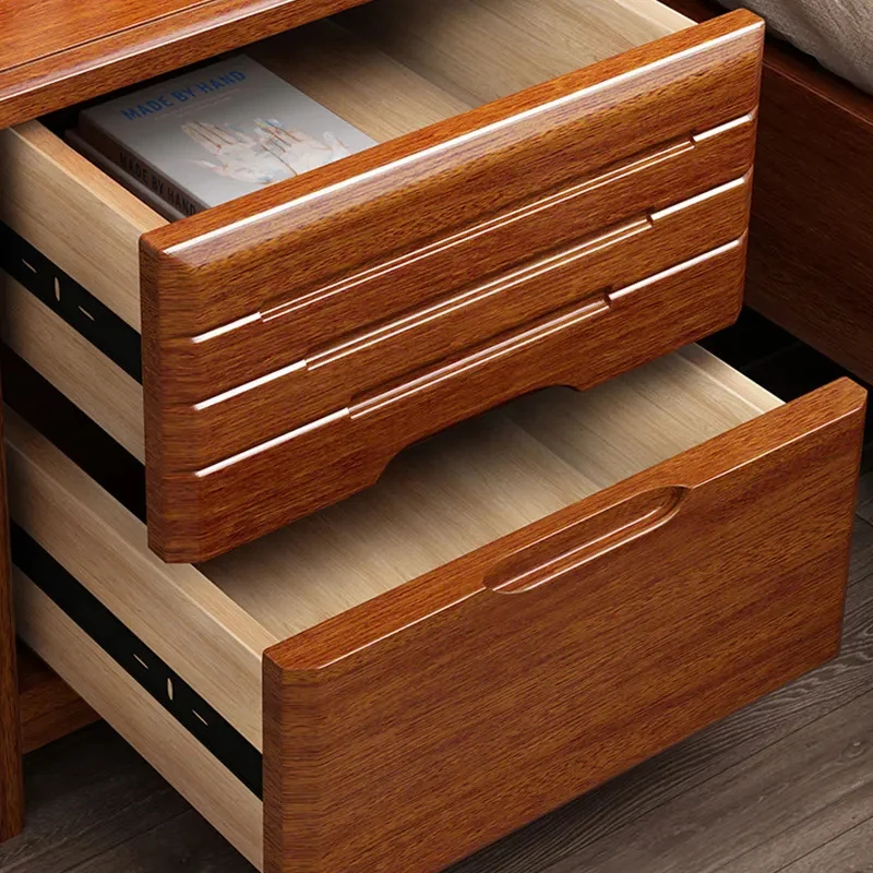 Traditional Chinese Walnut Wood Metal Rounded Square Nightstand 2-Drawer For Bedroom