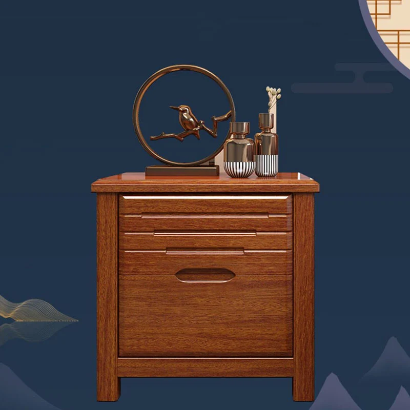 Traditional Chinese Walnut Wood Metal Rounded Square Nightstand 2-Drawer For Bedroom