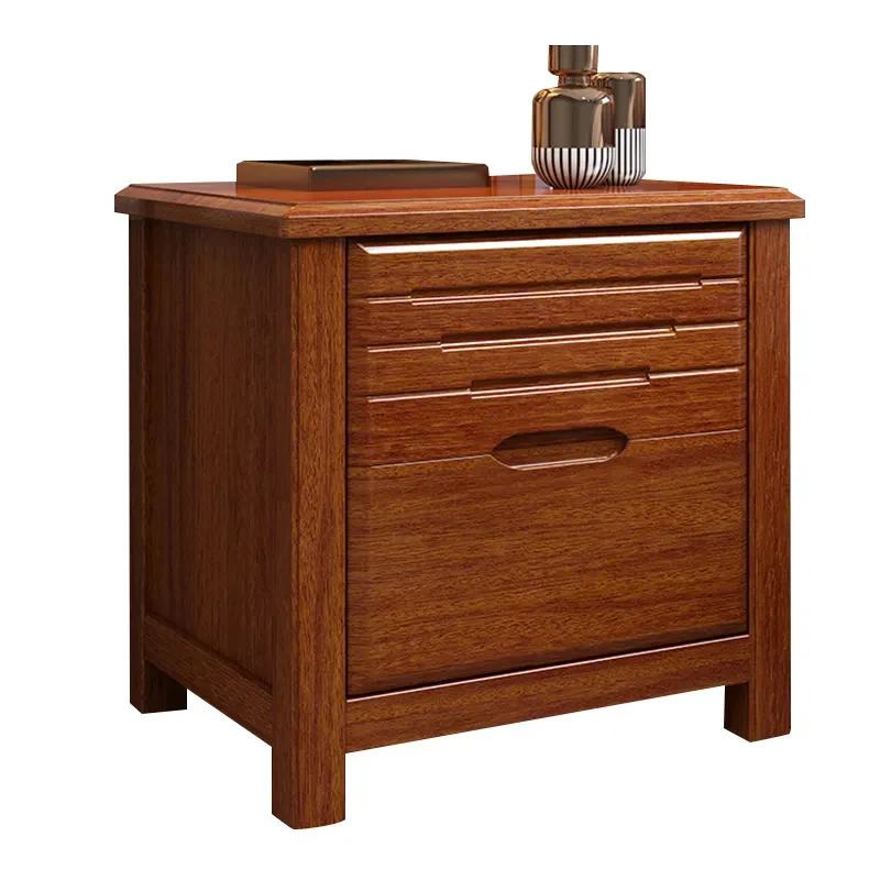 Traditional Chinese Walnut Wood Metal Rounded Square Nightstand 2-Drawer For Bedroom