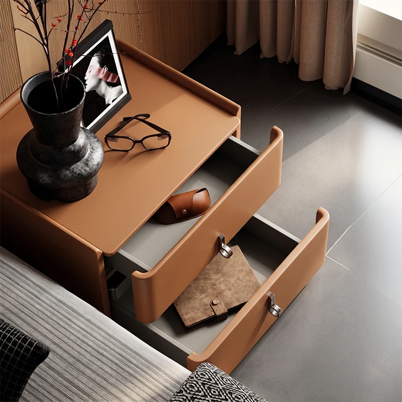 Traditional French Microfiber Leather Stainless Steel Plywood Rounded Square Nightstand 2-Drawer For Bedroom