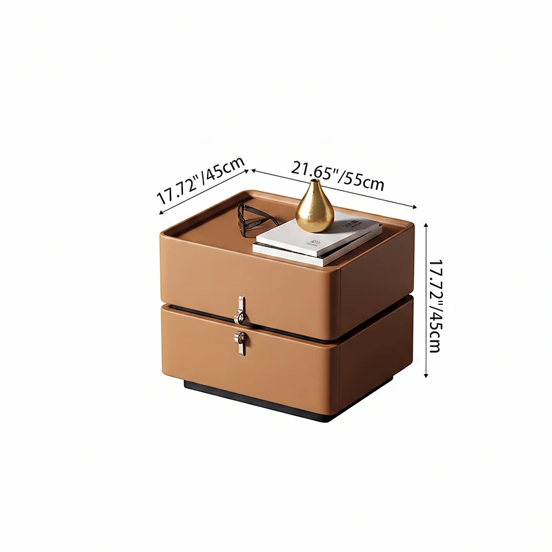 Traditional French Microfiber Leather Stainless Steel Plywood Rounded Square Nightstand 2-Drawer For Bedroom