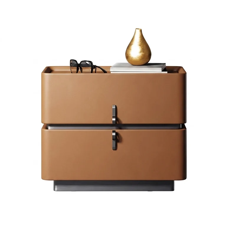 Traditional French Microfiber Leather Stainless Steel Plywood Rounded Square Nightstand 2-Drawer For Bedroom