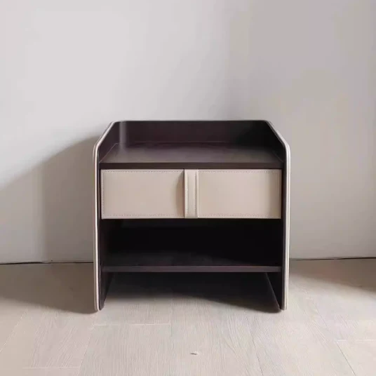 Contemporary Creative Faux Leather Medium-Density Fiberboard Rounded Square Curved Nightstand 1-Drawer For Bedroom