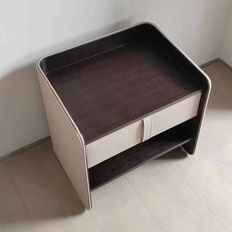 Contemporary Creative Faux Leather Medium-Density Fiberboard Rounded Square Curved Nightstand 1-Drawer For Bedroom
