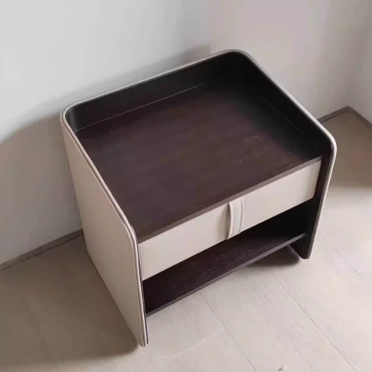 Contemporary Creative Faux Leather Medium-Density Fiberboard Rounded Square Curved Nightstand 1-Drawer For Bedroom