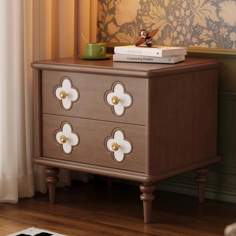 Traditional French Rubberwood & Metal Clover-Shaped Square Nightstand 2-Drawer For Bedroom