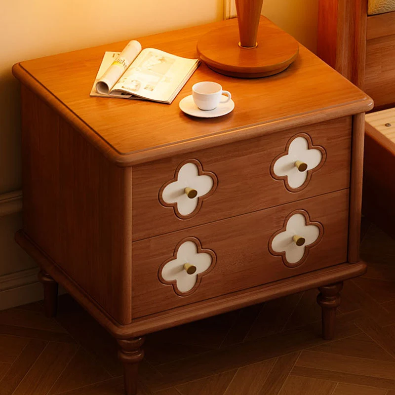 Traditional French Rubberwood & Metal Clover-Shaped Square Nightstand 2-Drawer For Bedroom