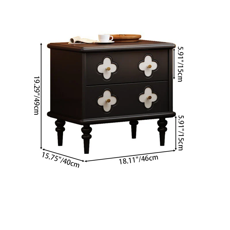 Traditional French Rubberwood & Metal Clover-Shaped Square Nightstand 2-Drawer For Bedroom