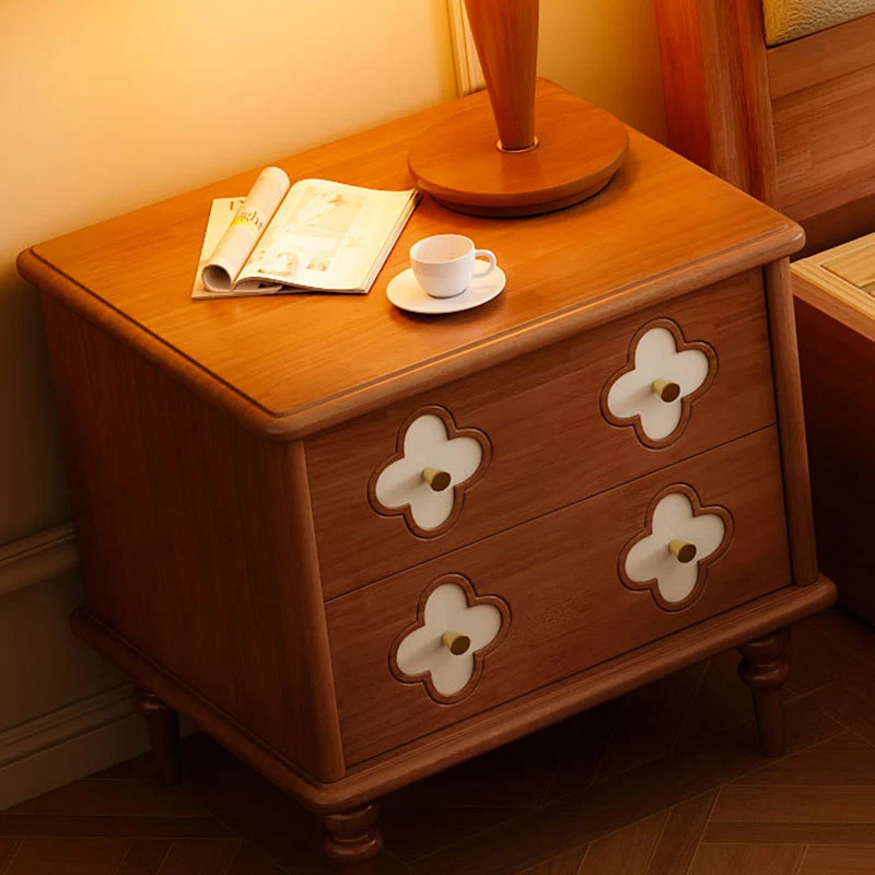 Traditional French Rubberwood & Metal Clover-Shaped Square Nightstand 2-Drawer For Bedroom