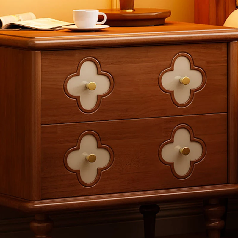 Traditional French Rubberwood & Metal Clover-Shaped Square Nightstand 2-Drawer For Bedroom